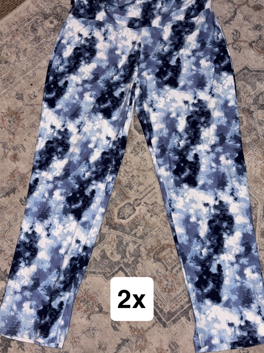 Blue & White Watercolor Print pants - 2X